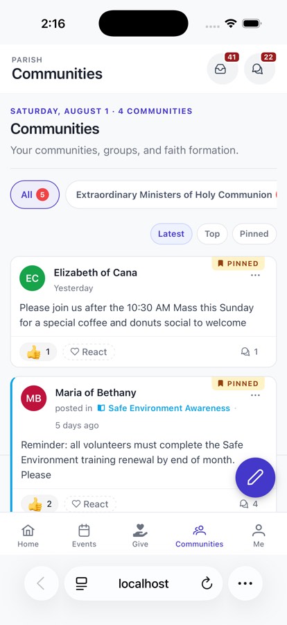 Parish portal on an iPhone showing pinned community posts with reactions and replies