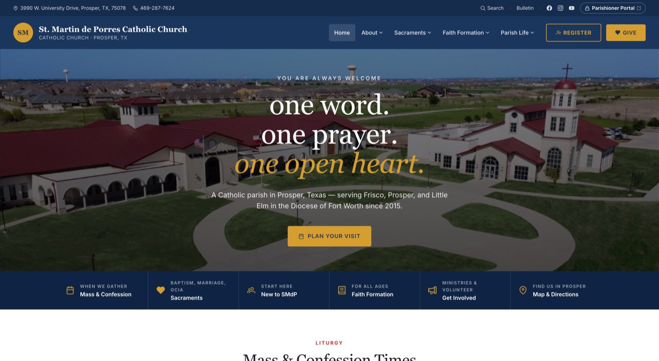 Public parish website home page with hero, Mass and confession links, and a parishioner portal link